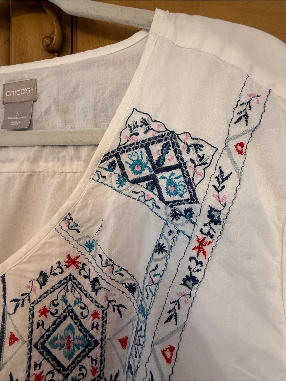 Chico's White Tunic with Blue & Pink Embroidered Panel - Picture 4 of 9